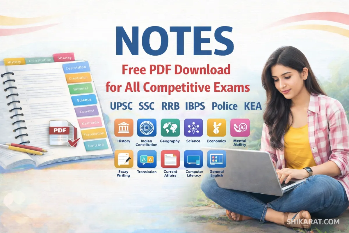 Free competitive exam notes PDF for History, Indian Constitution, Geography, Science, Economics, Mental Ability, Current Affairs, Computer Literacy and English