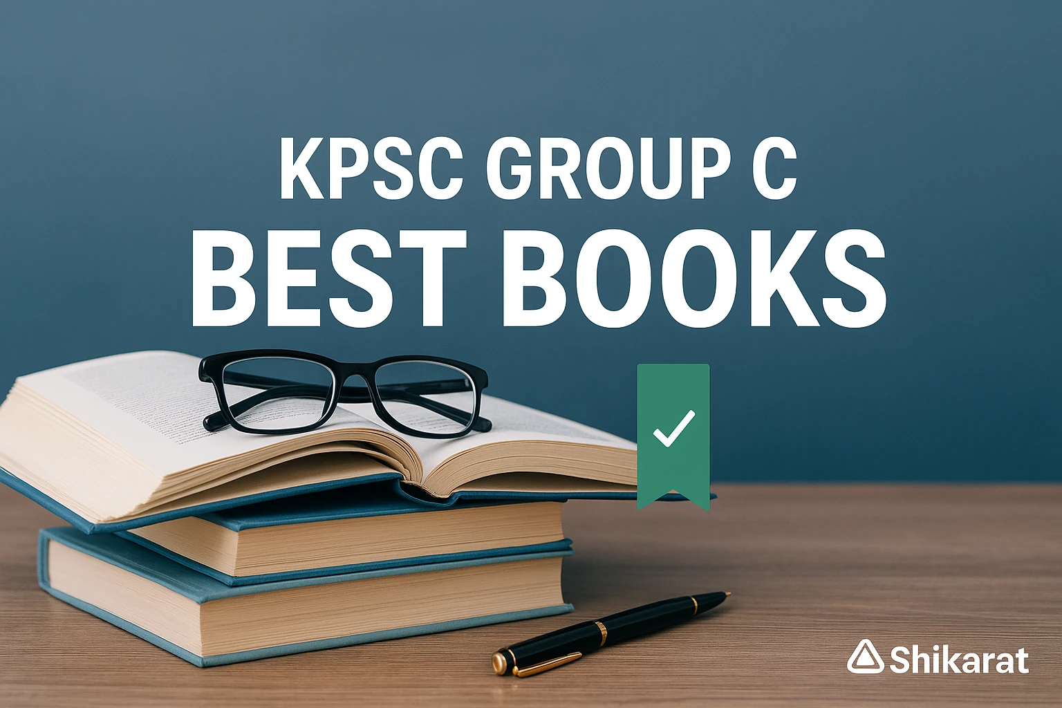 A stack of books with an open book on top and a pair of glasses resting on it. The text overlay reads "KPSC Group C Best Books".